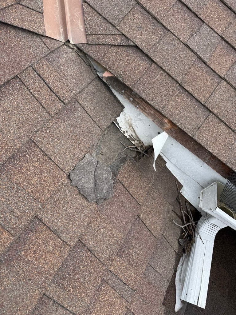 Lifted and torn roof shingles exposing underlayment near a vent