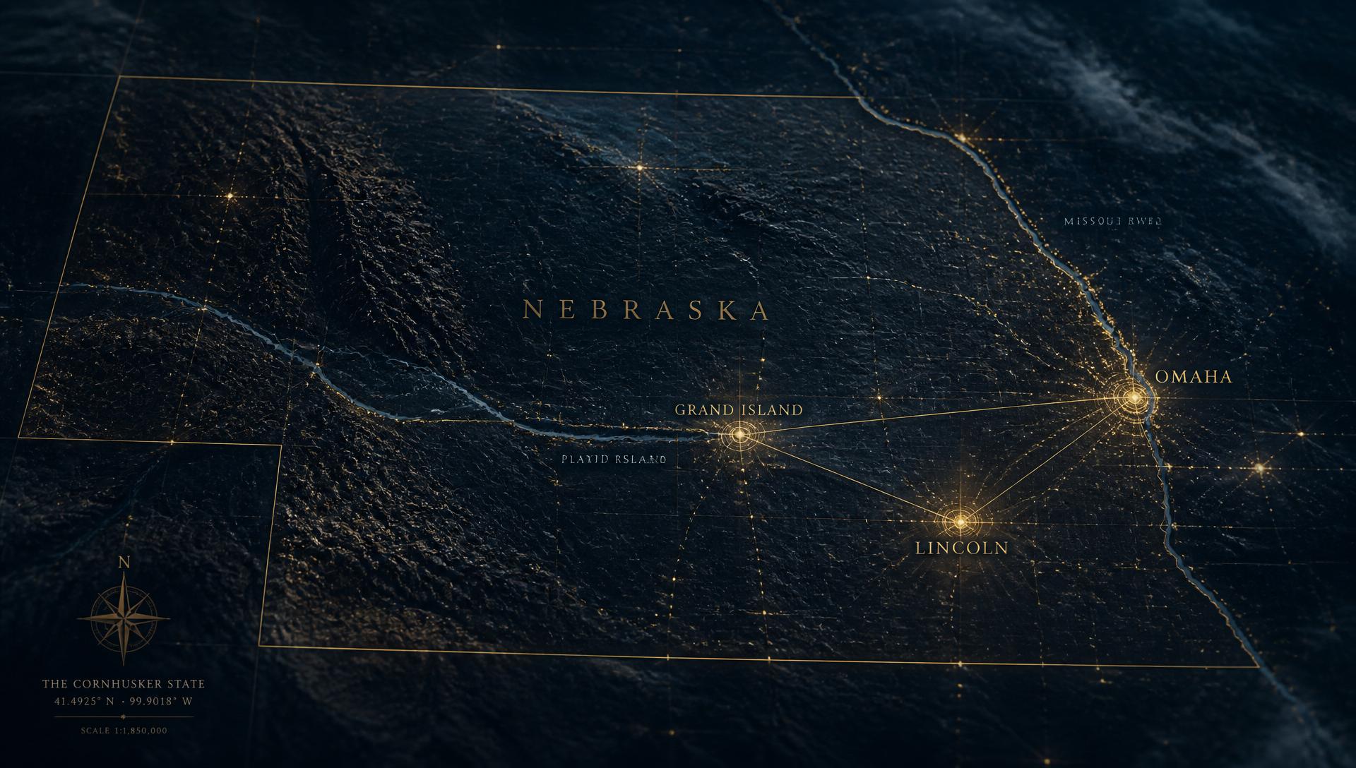 Satellite view of Nebraska highlighting Omaha, Lincoln, and Grand Island